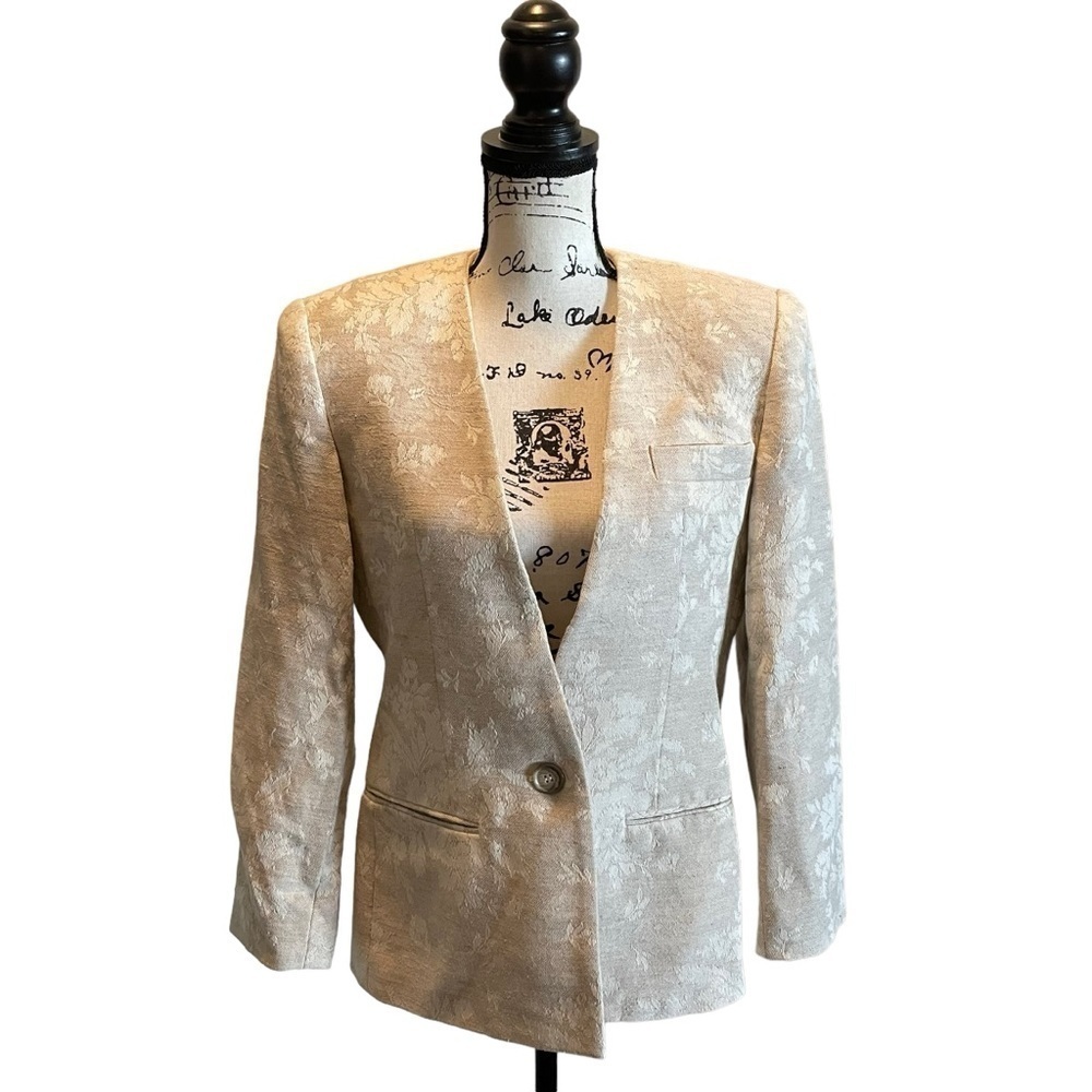 Jos. A. Bank Women Suit Jacket Blazer Beige Floral Tapestry Size 6 Cotton Linen